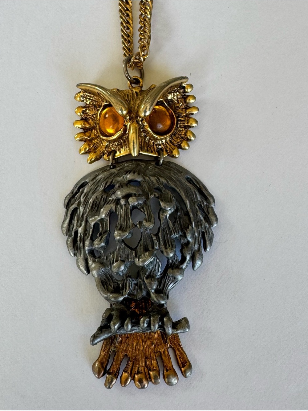 Vintage Owl Articulated Necklace Gold & Silver with Amber Eyes
